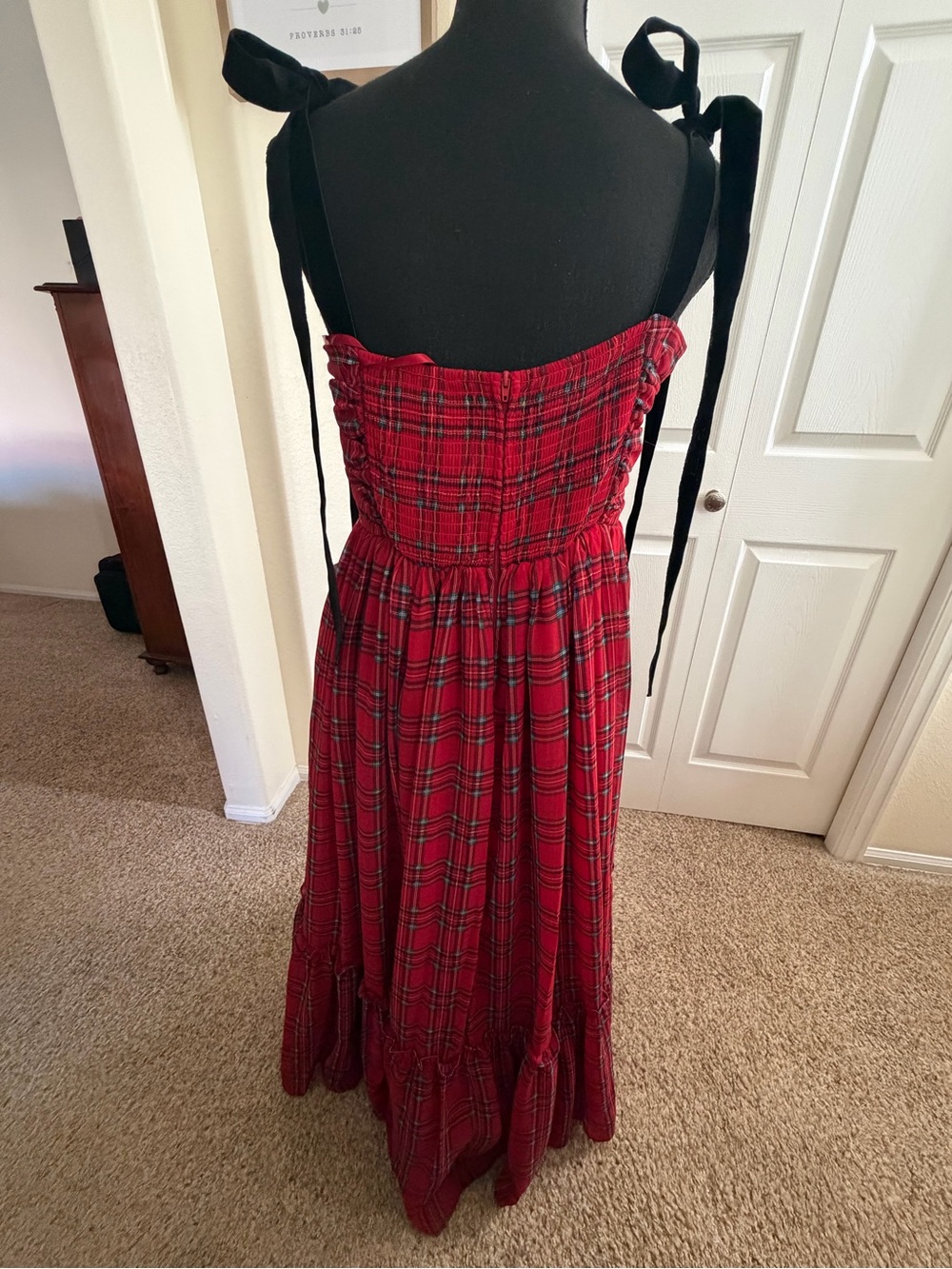 B Darlin Bustier Bodice Red Plaid Maxi Dress with Tie Straps - Picture 6 of 14